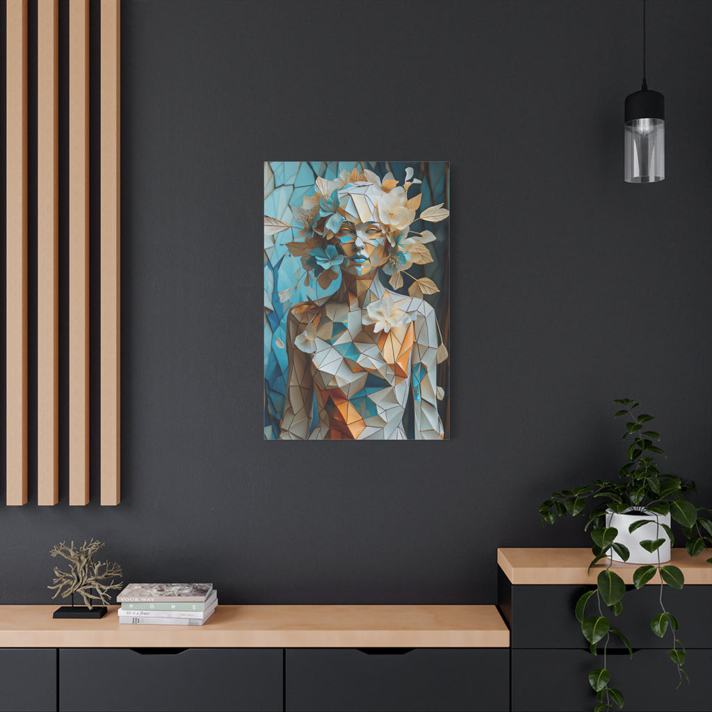 Blooming in Pieces — Geometric Floral Woman Portrait in Ivory, Turquoise & Gold