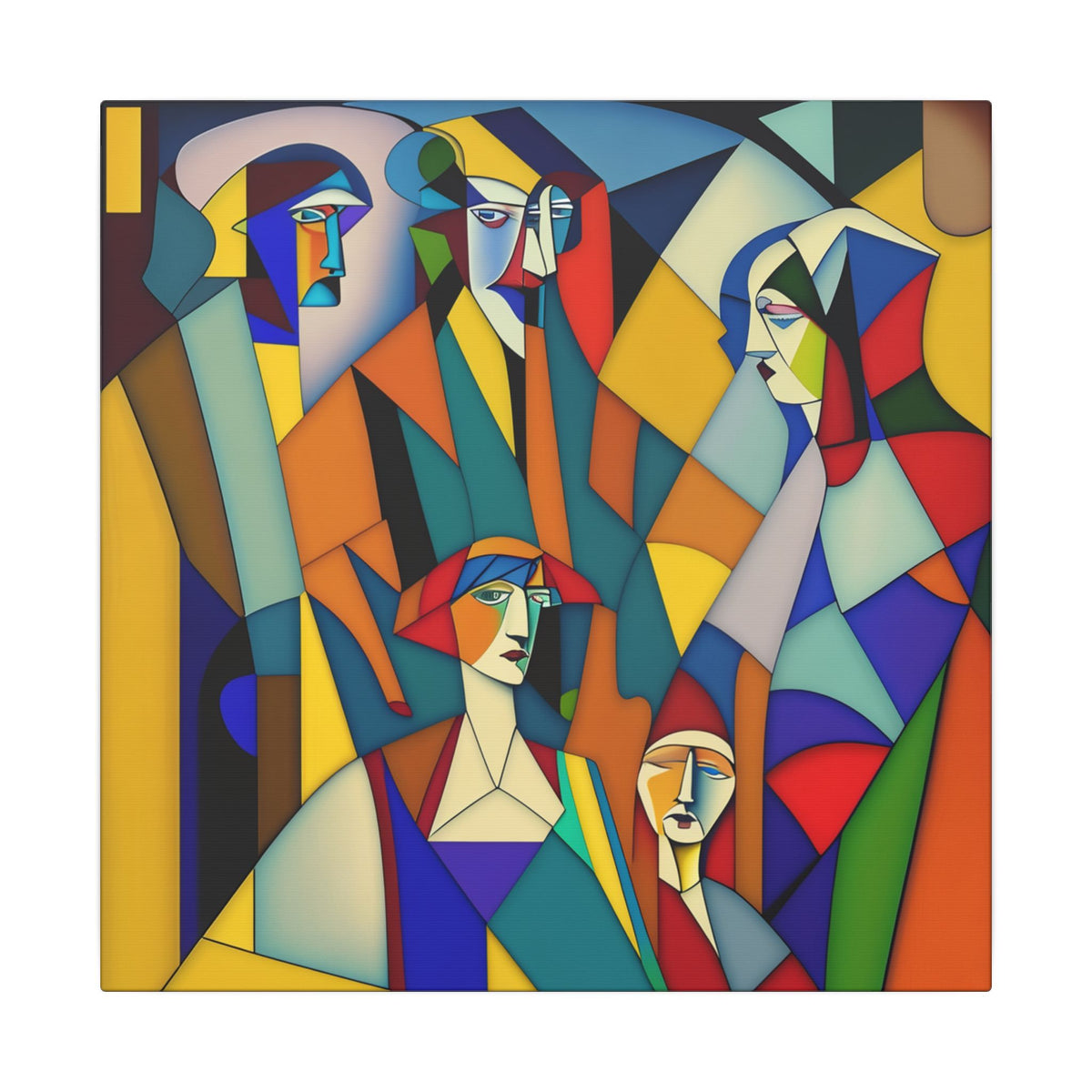 Clustered stylized faces and figures formed by interlocking geometric planes in teal, orange, yellow, red, blue, green, and cream, cubist-inspired and playful.