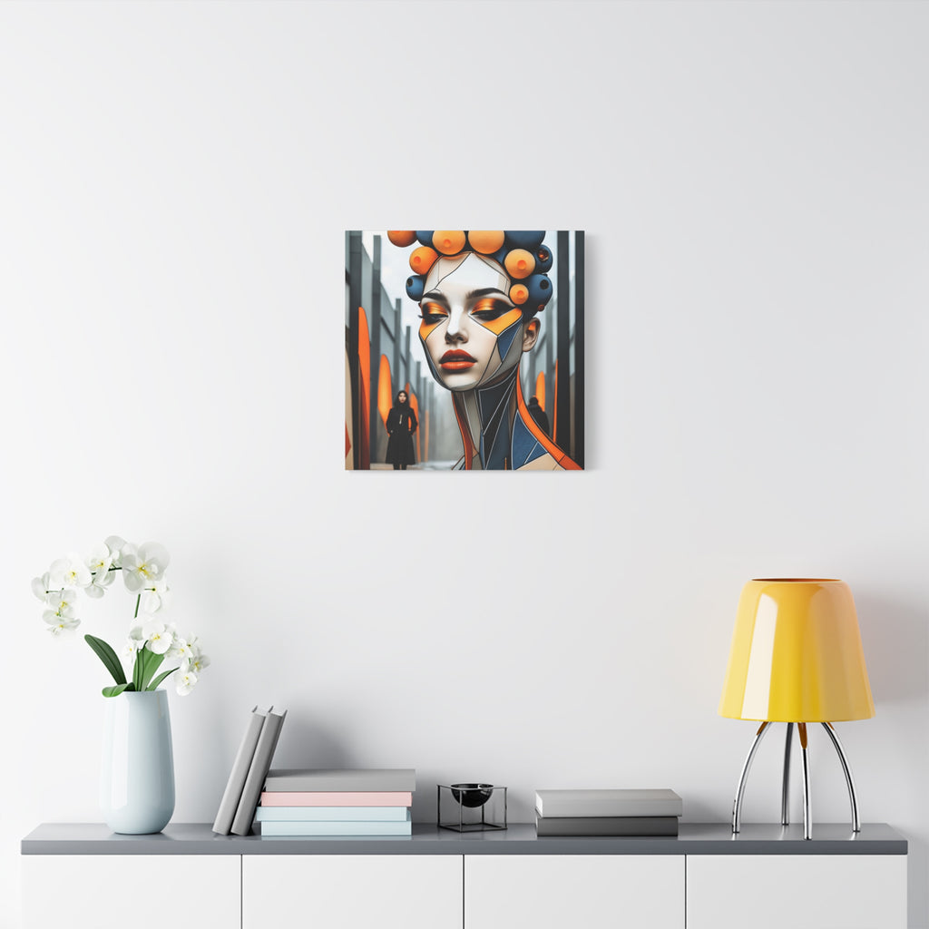Future Icon — Futuristic Geometric Woman Portrait in Orange & Midnight Blue