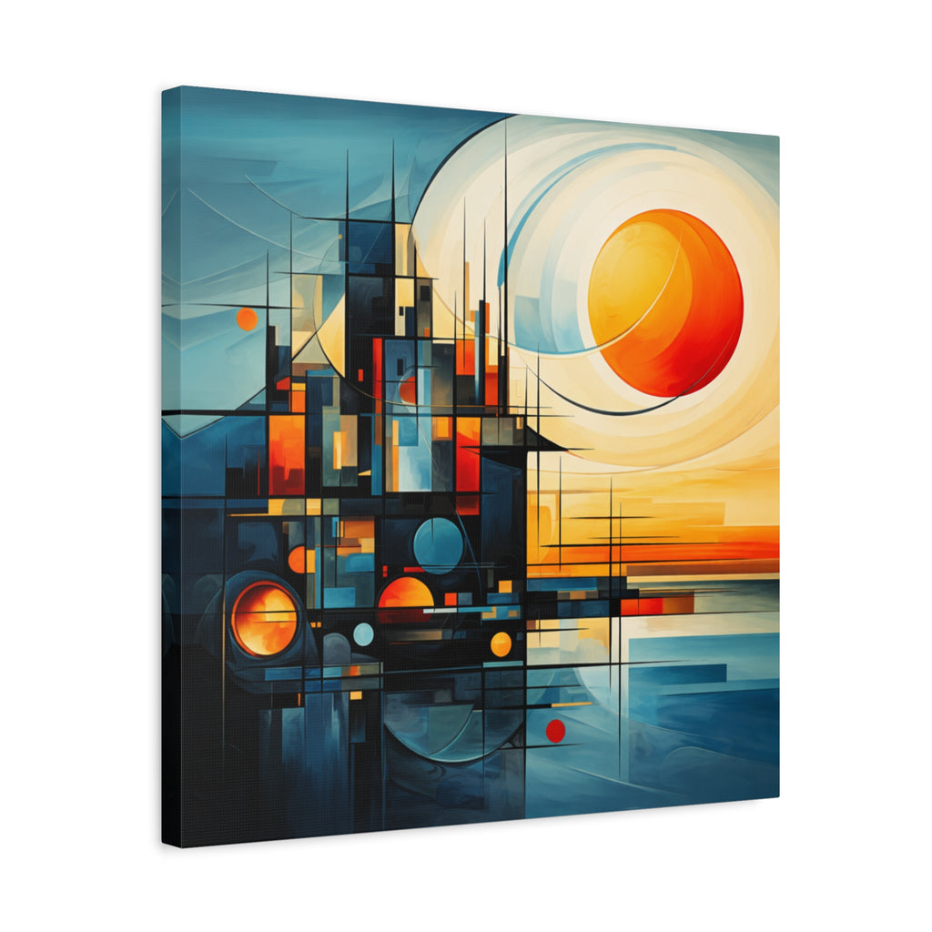 Sun Beyond Structure – Geometric Abstract Sunrise Canvas Print