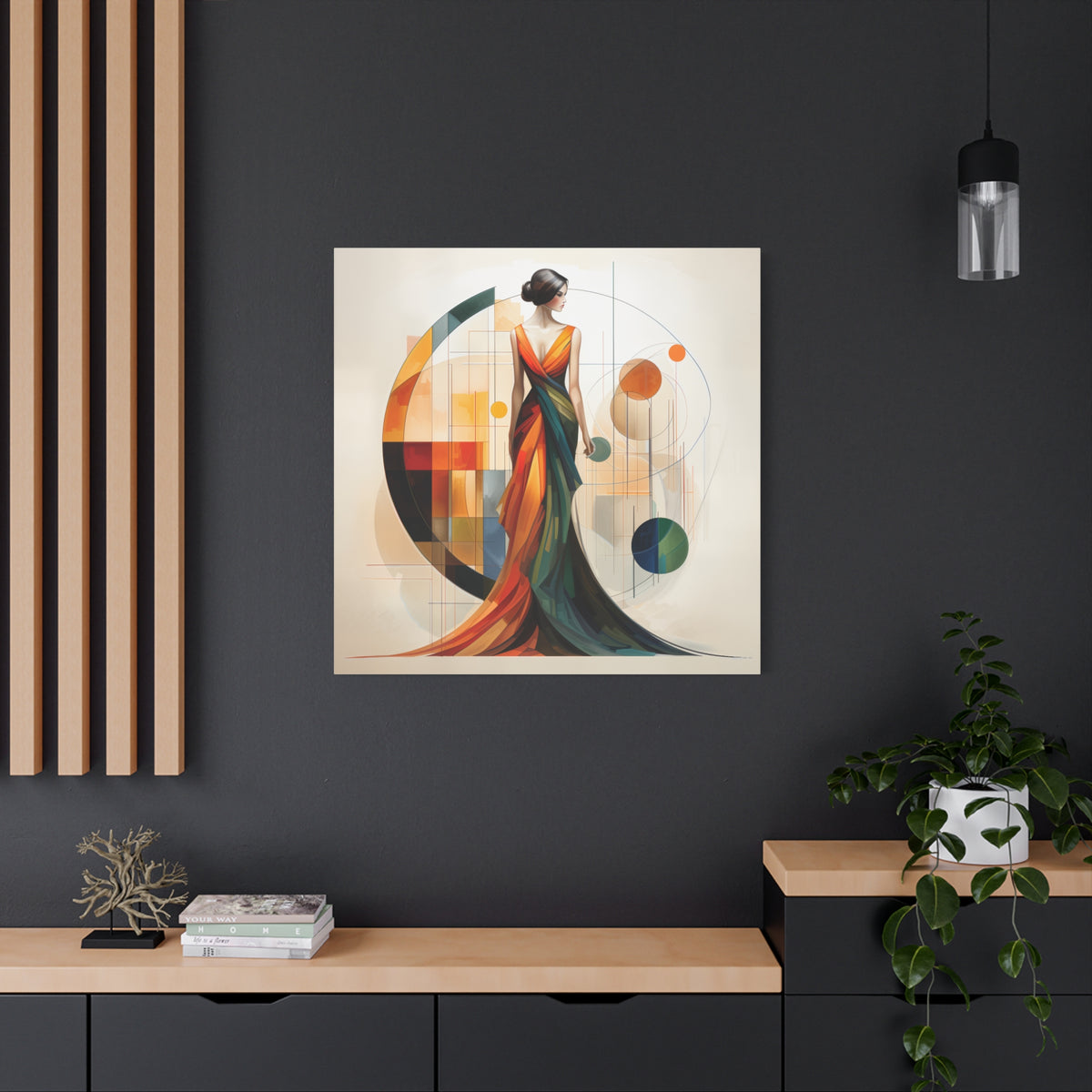 Chromatic Elegance — Abstract Geometric Fashion Portrait in a Flowing Couture Gown