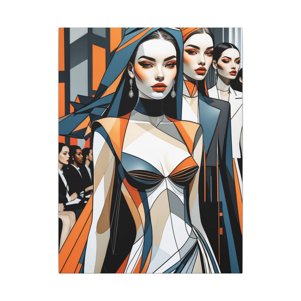 Central model in a futuristic runway procession with angular orange, blue, cream, charcoal, and black garments in strong geometric silhouettes