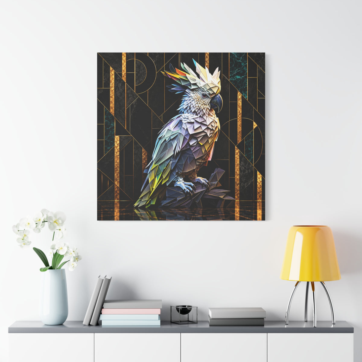 Geometric Cockatoo Canvas Wall Art – Colorful Parrot Matte Stretched Print