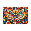 Seated central figure in calm pose surrounded by radiating wing-like geometric shapes in red, blue, gold, teal, coral, black, and ivory