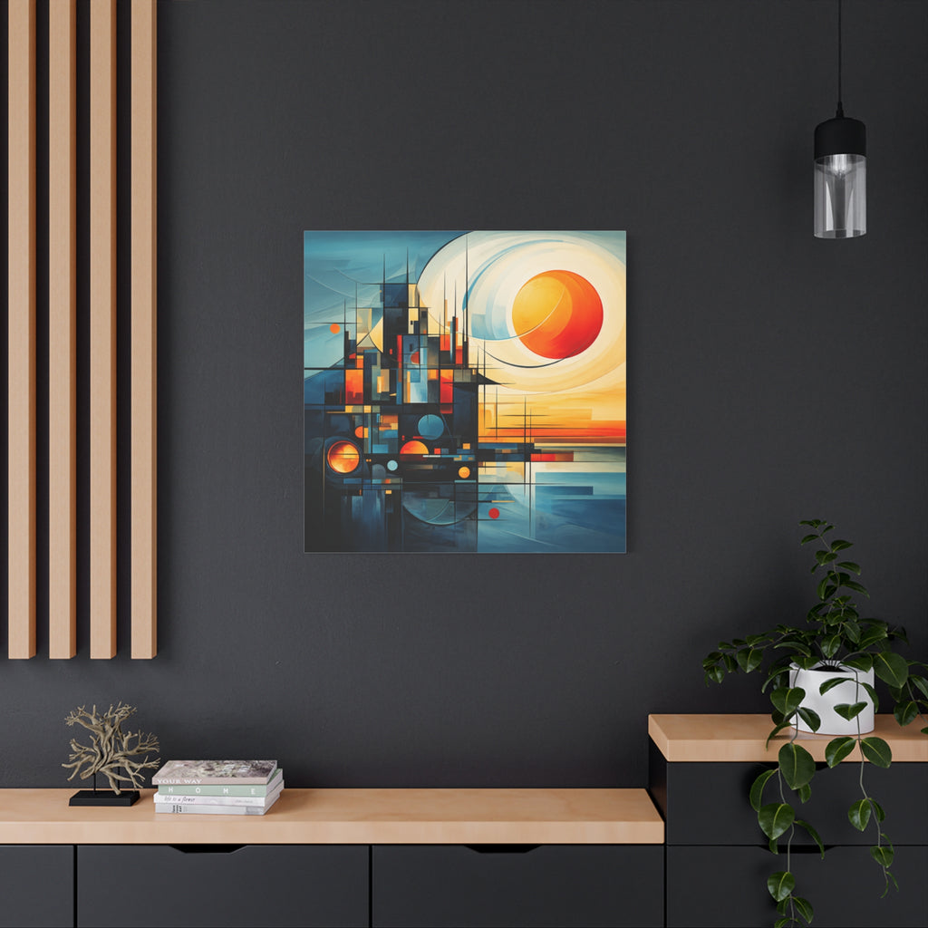 Sun Beyond Structure – Geometric Abstract Sunrise Canvas Print