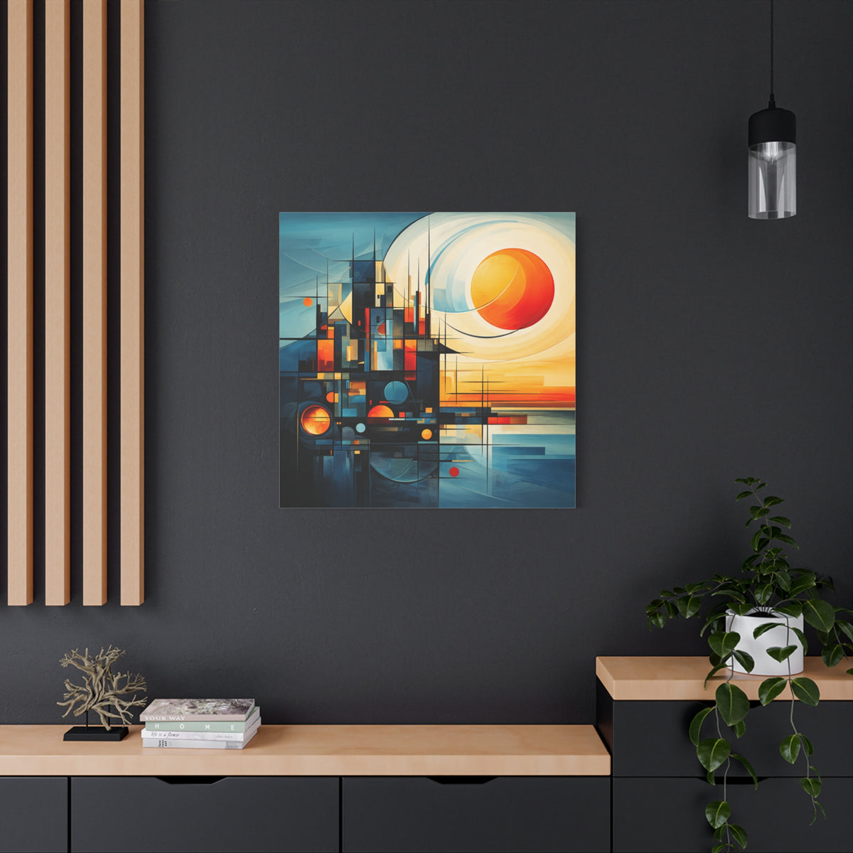 Sun Beyond Structure – Geometric Abstract Sunrise Canvas Print