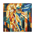 Geometric stained-glass angel with expansive faceted wings within a glowing gold halo, in teal, amber, ivory, and deep blue
