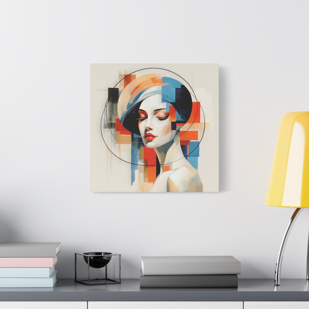Perfectly Composed — Abstract Geometric Woman Portrait in Orange, Blue & Ivory
