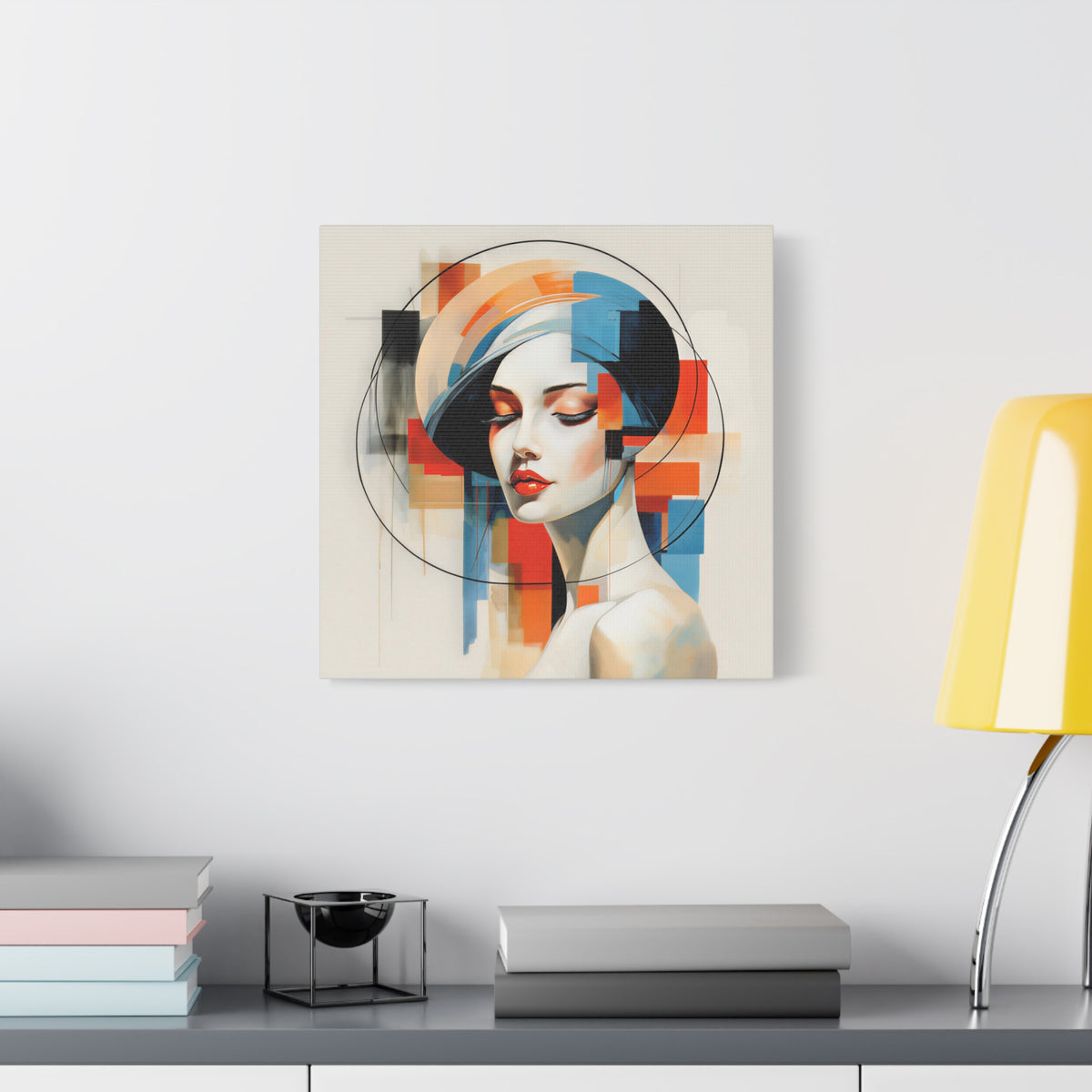 Perfectly Composed — Abstract Geometric Woman Portrait in Orange, Blue & Ivory
