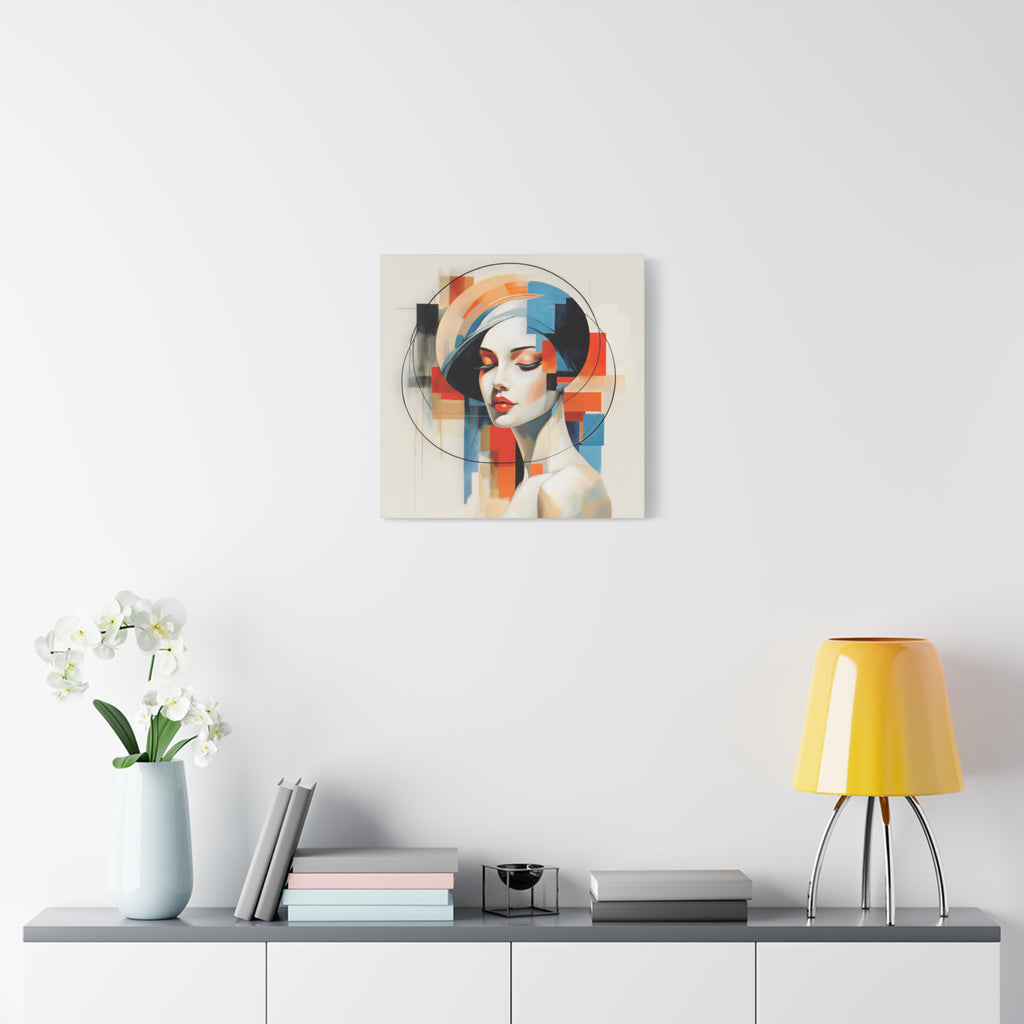 Perfectly Composed — Abstract Geometric Woman Portrait in Orange, Blue & Ivory