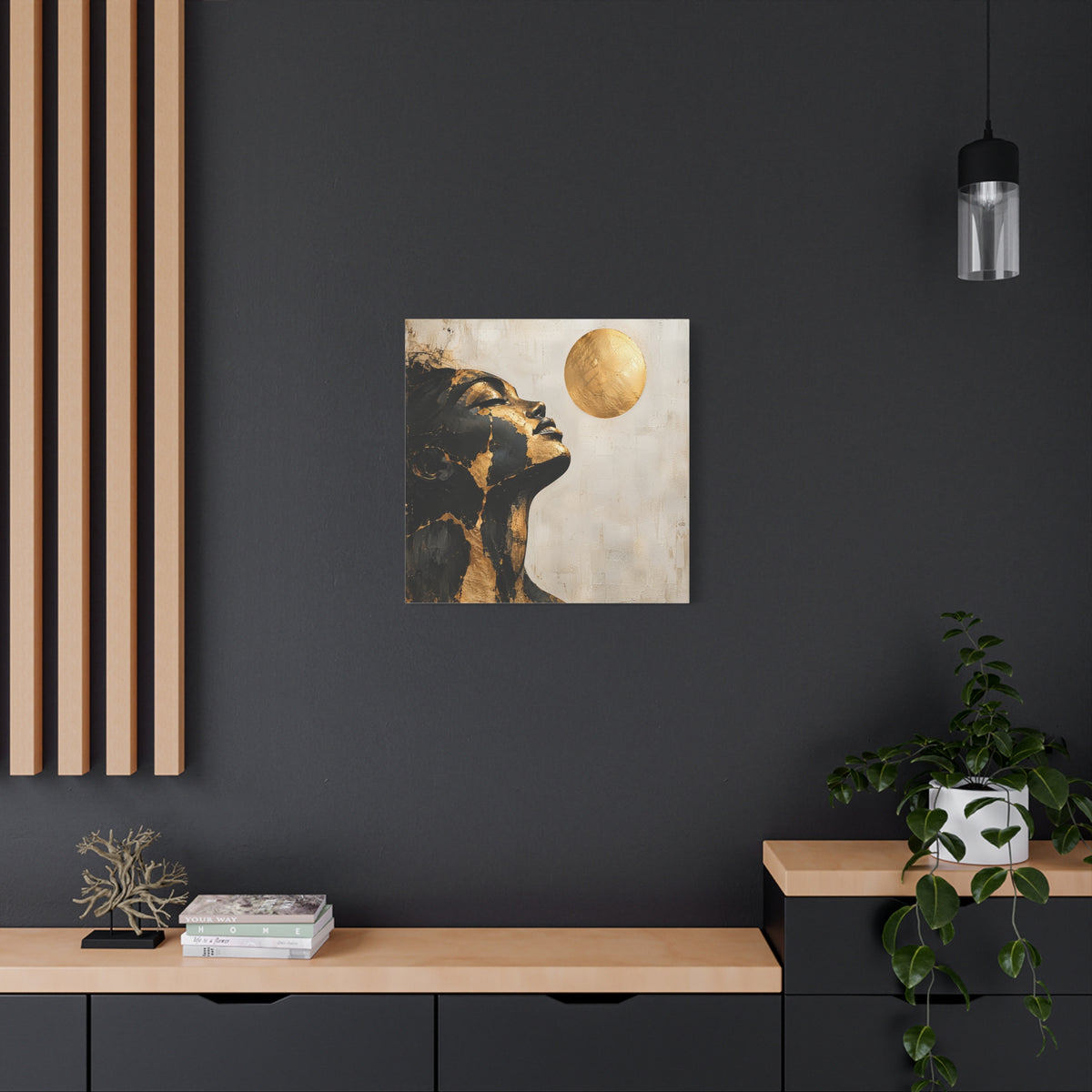 Golden Stillness — Modern Black & Gold Woman Portrait