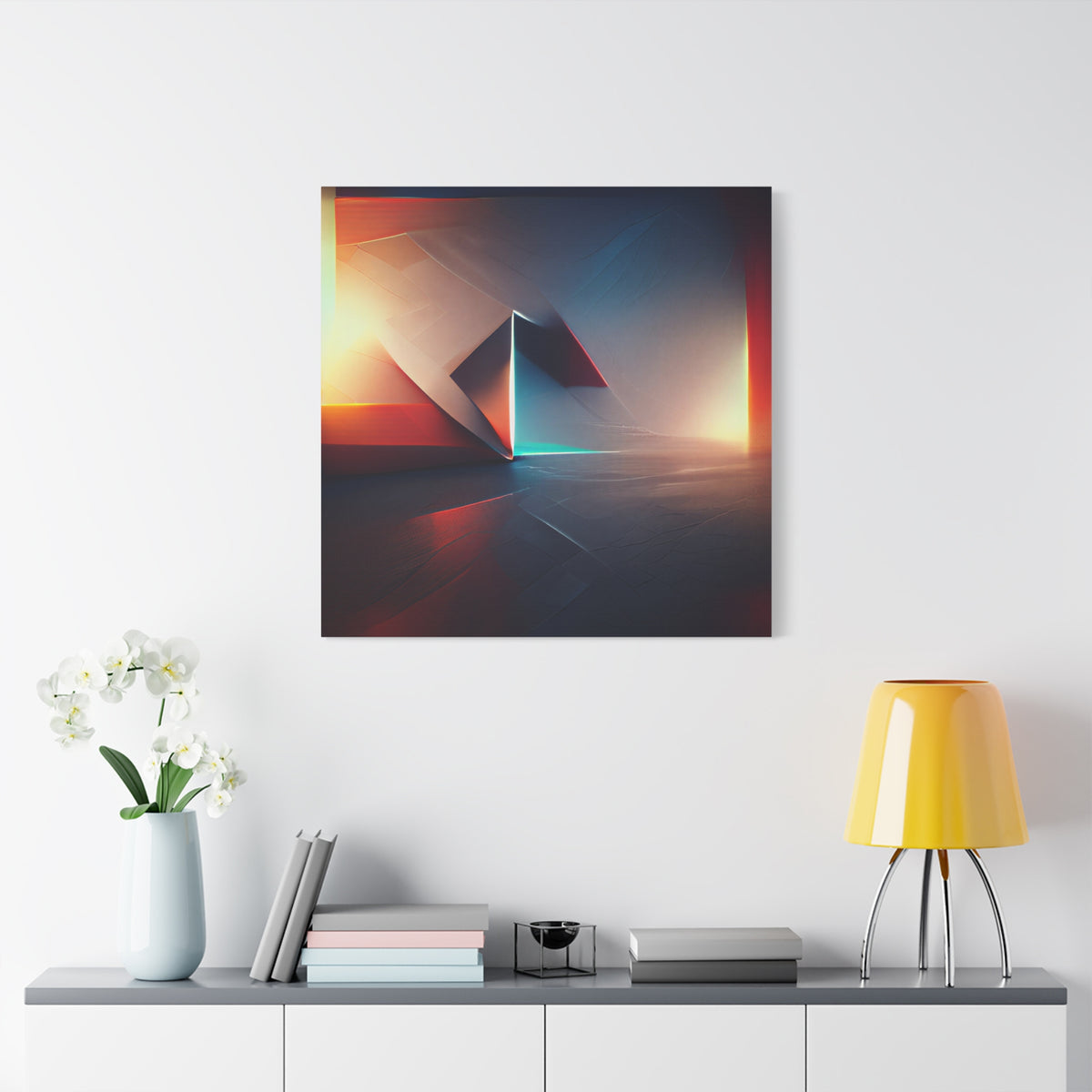 Threshold of Light — Luminous Geometric Abstract in Crimson, Indigo & Gold