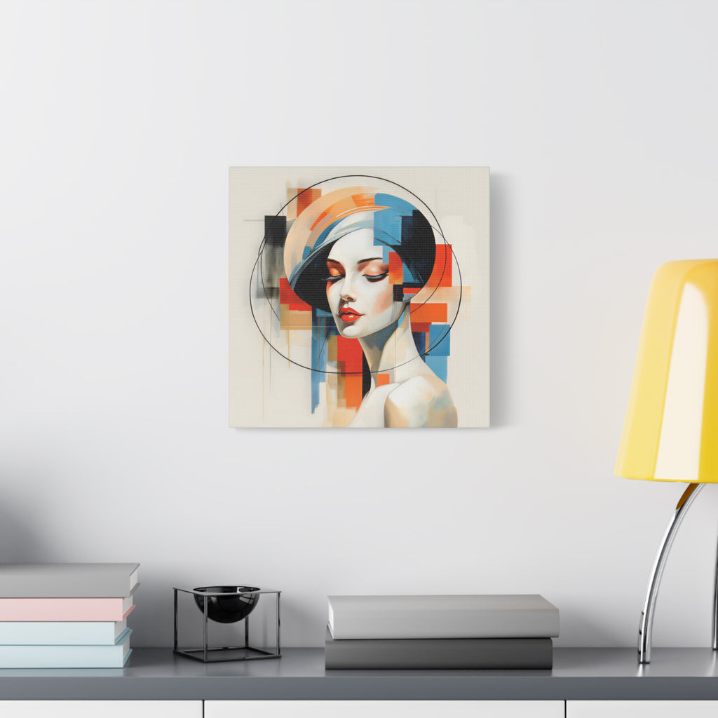 Perfectly Composed — Abstract Geometric Woman Portrait in Orange, Blue & Ivory
