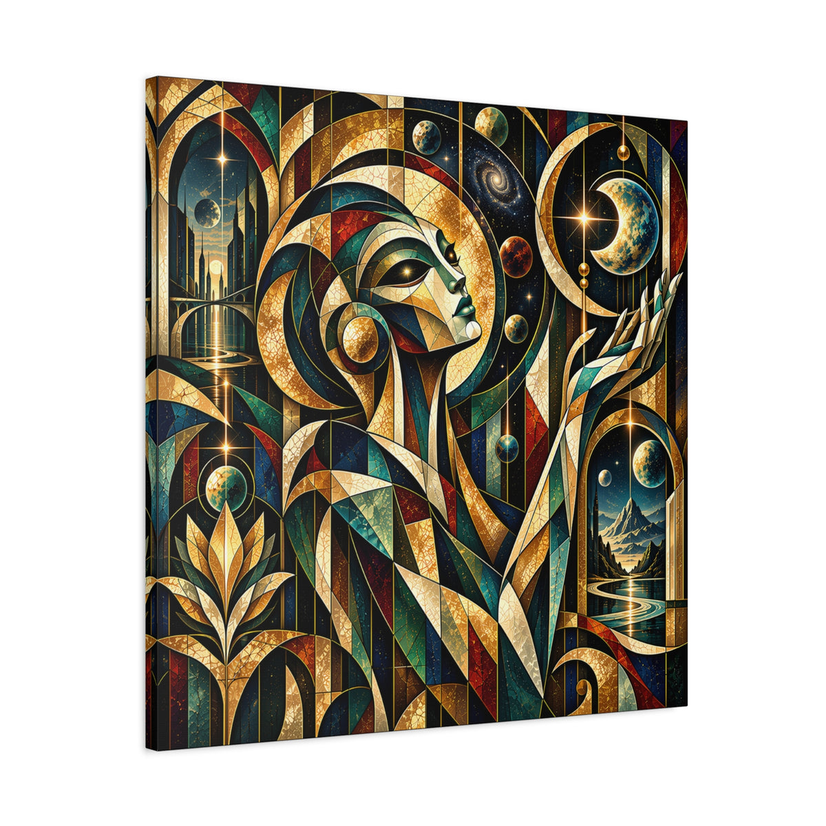 Oracle of the Golden Cosmos — Futuristic Celestial Portrait Wall Art