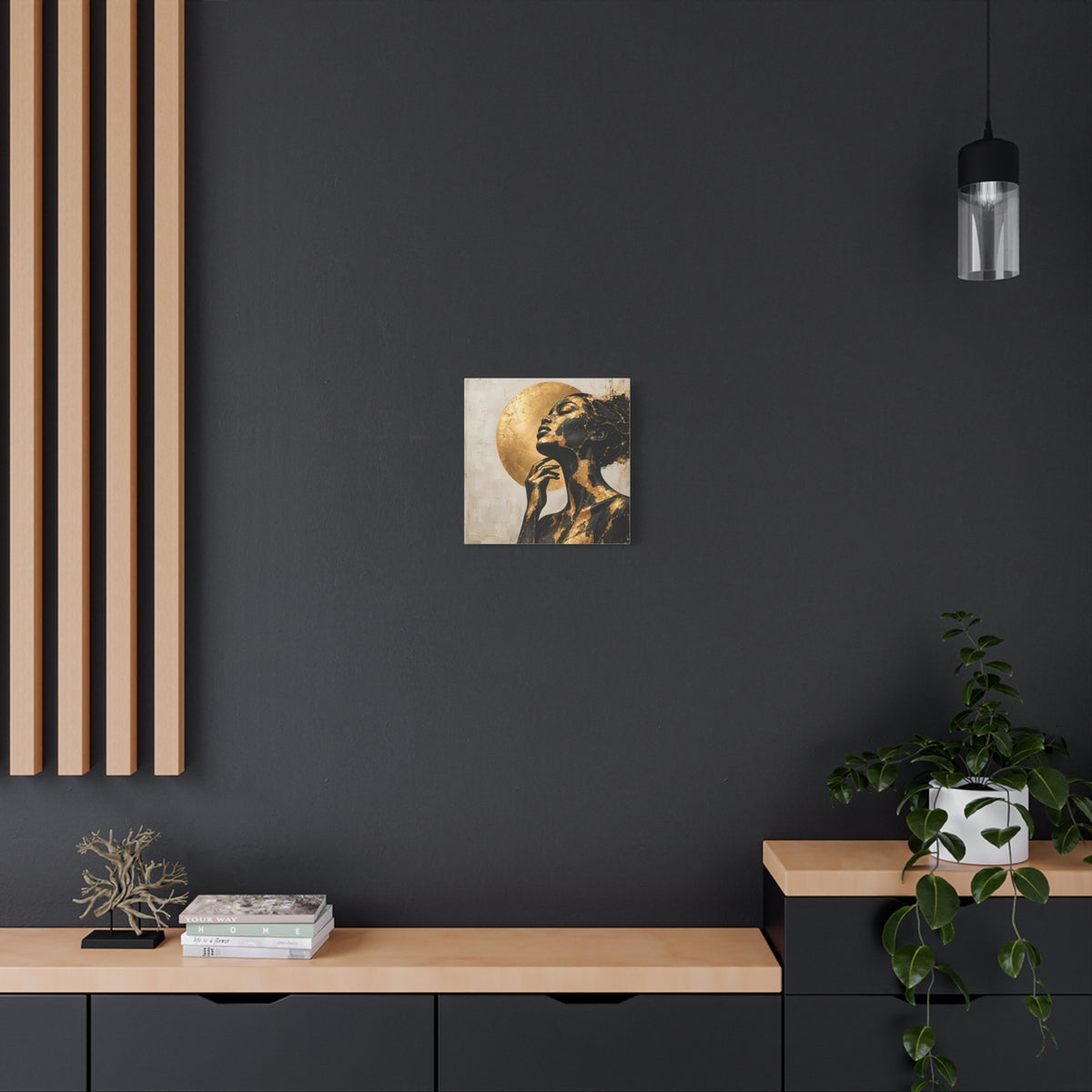 Crowned in Light — Modern Black & Gold Woman Portrait