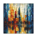 Vertical stained-glass-style skyline in cobalt, teal, amber, orange and gold with silhouetted figures and mirrored reflection