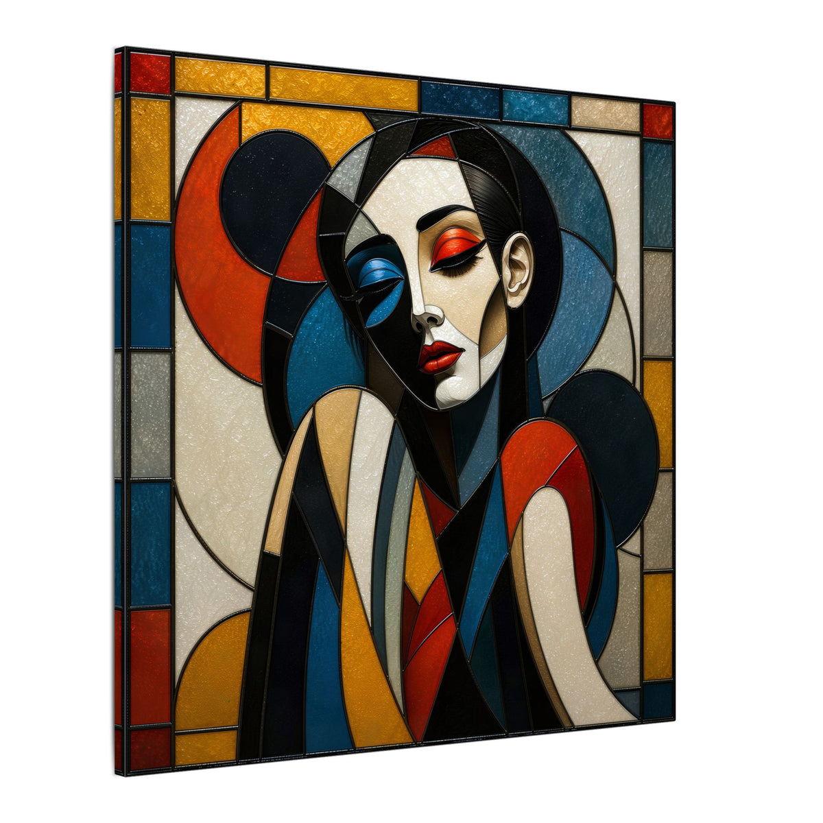Split Between Colors – Geometric Stained Glass Woman Portrait Canvas Print