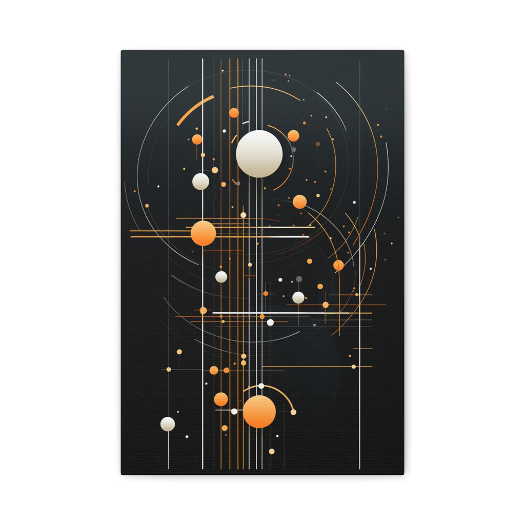 Vertical abstract composition of amber and orange spheres, thin white linear structures and orbital curves against a deep black background