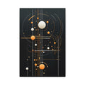 Vertical abstract composition of amber and orange spheres, thin white linear structures and orbital curves against a deep black background