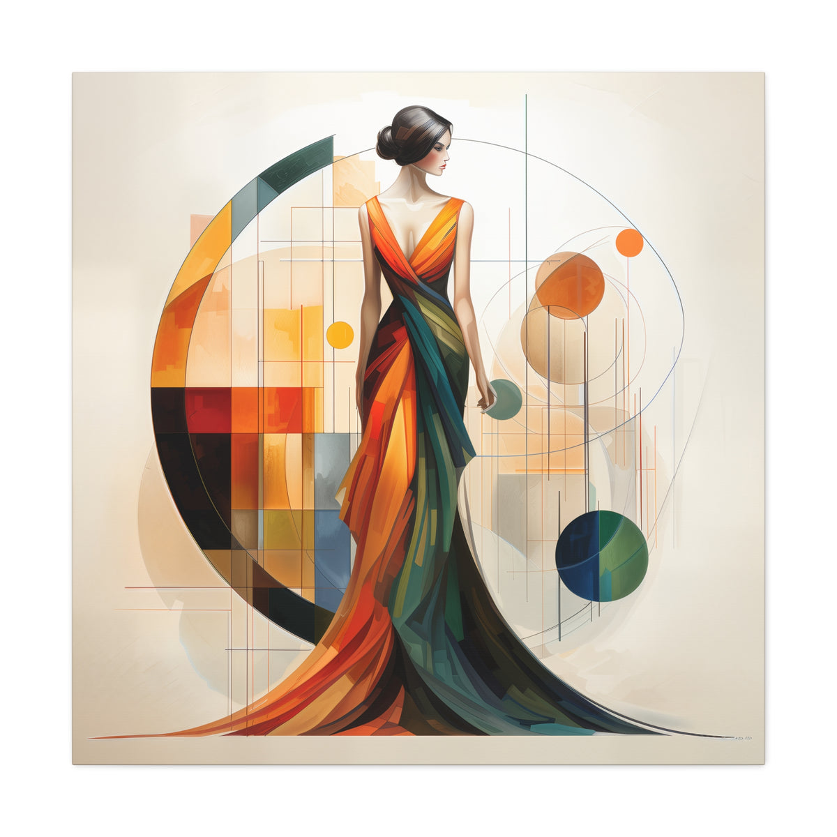 Chromatic Elegance — Abstract Geometric Fashion Portrait in a Flowing Couture Gown