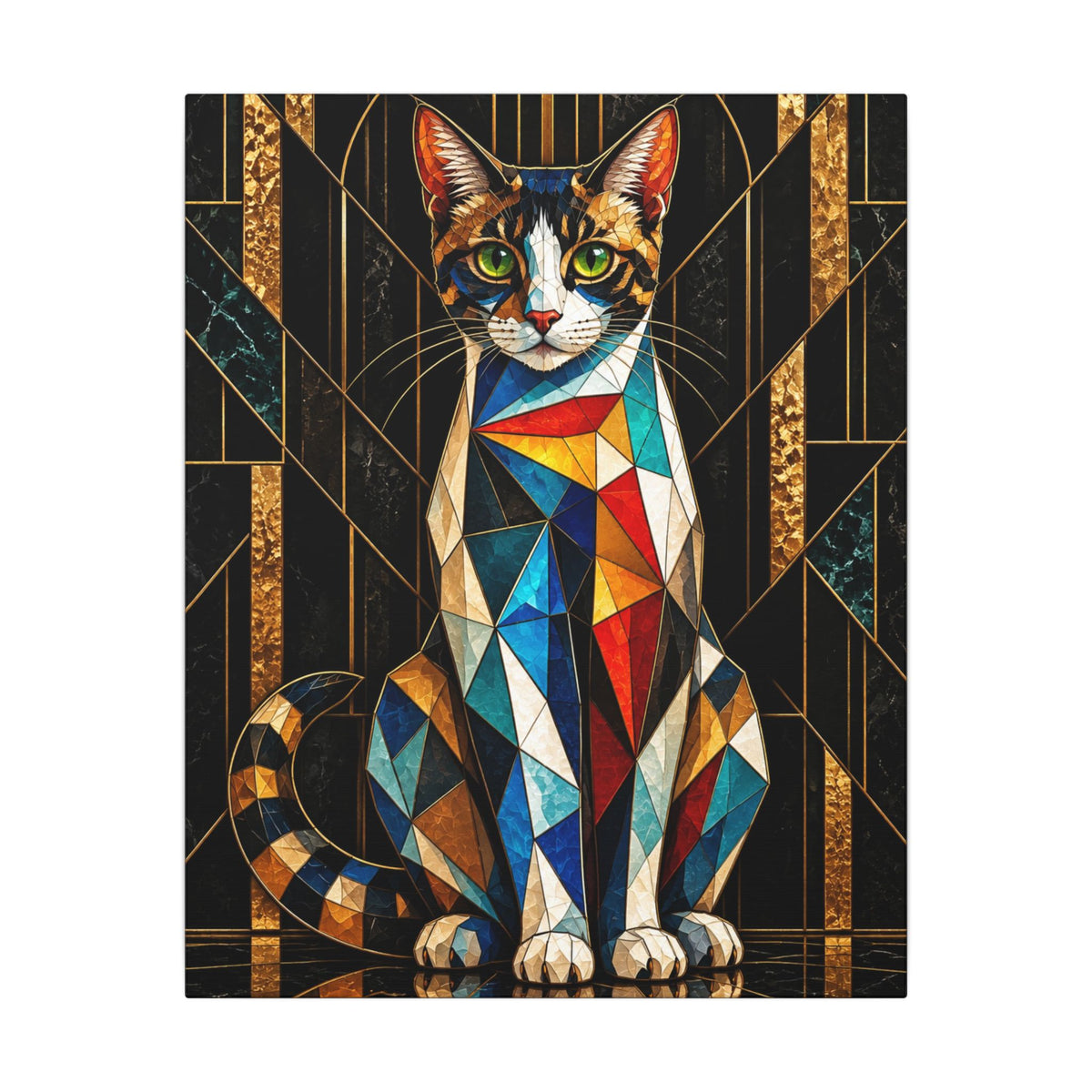 Wide-eyed cat portrait with realistic face and vivid green eyes; body rendered in faceted geometric planes of blue, turquoise, red, orange, white, and charcoal against a soft