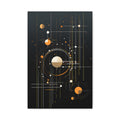 Geometric celestial abstract with circles, lines, intersections and glowing orange, cream, gold, and white points on a deep charcoal-black field