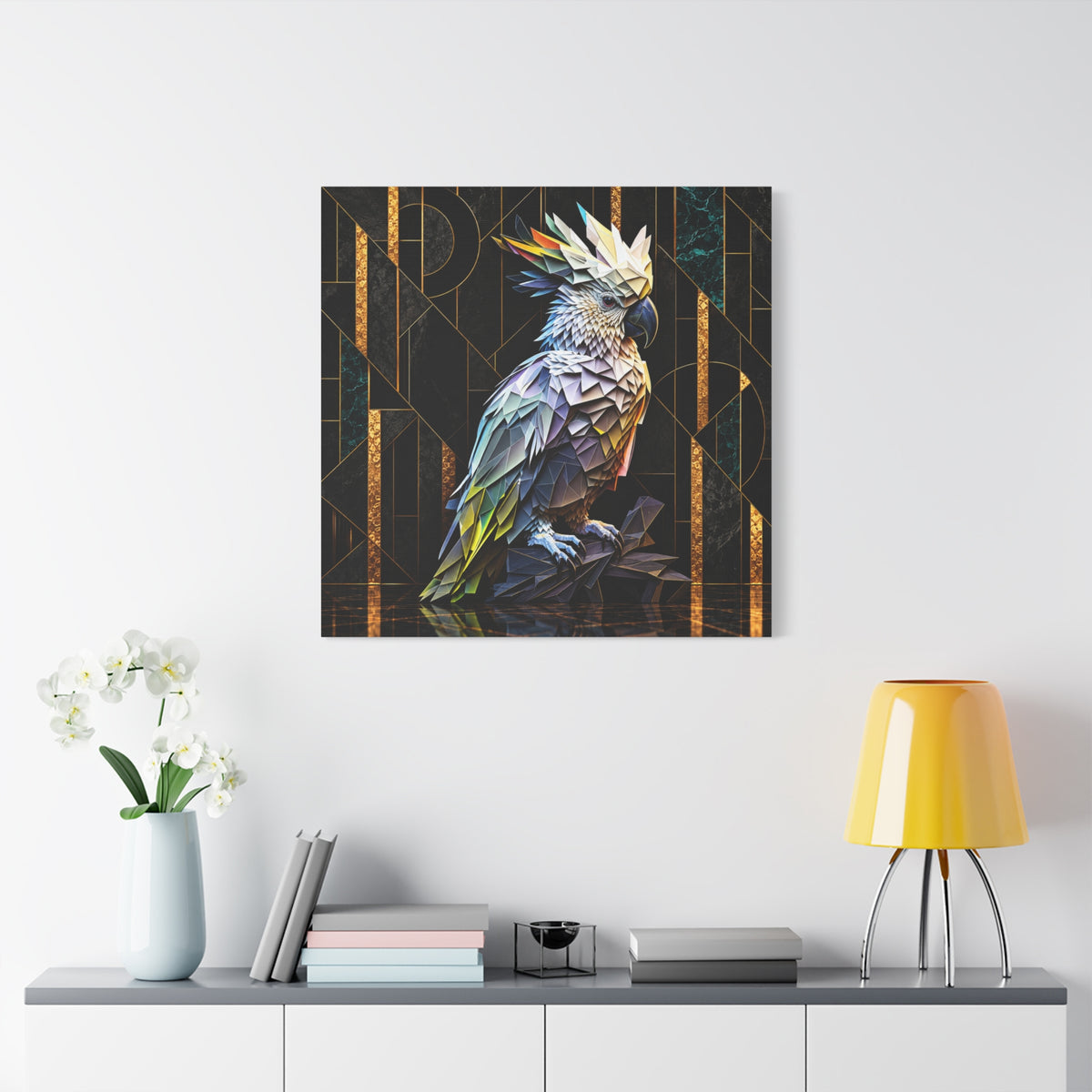 Geometric Cockatoo Canvas Wall Art – Colorful Parrot Matte Stretched Print