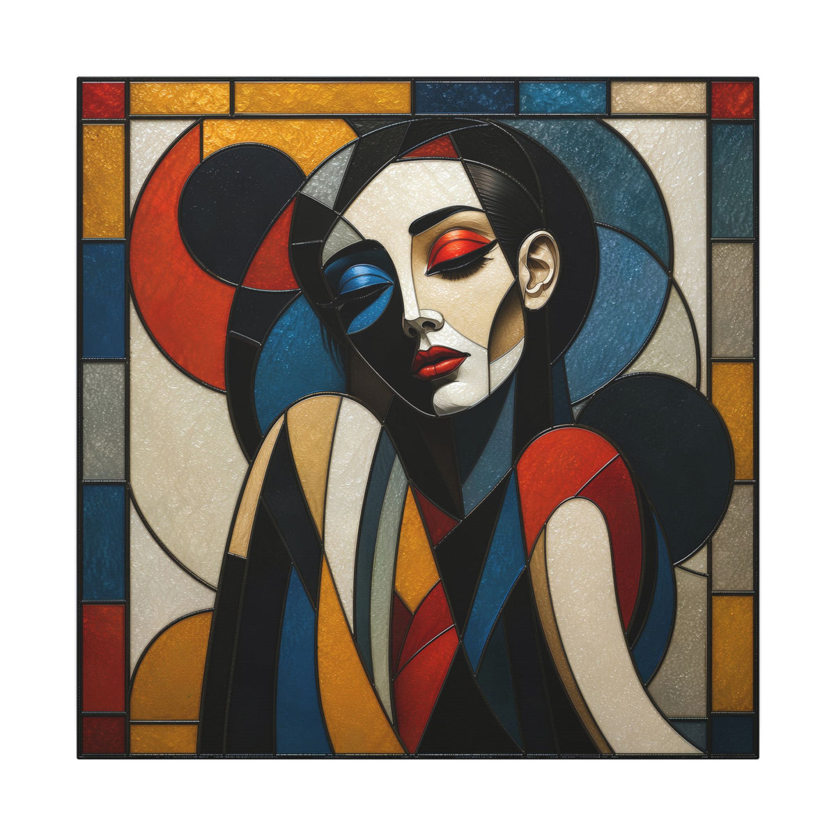 Split Between Colors – Geometric Stained Glass Woman Portrait Canvas Print
