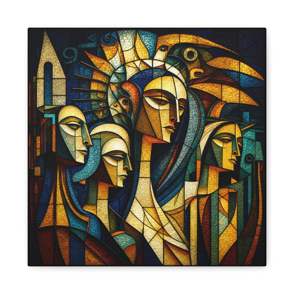 Cubist collective portrait of elongated overlapping faces beneath a crown-like bird form in teal, gold, burnt orange, ivory and black
