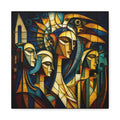 Cubist collective portrait of elongated overlapping faces beneath a crown-like bird form in teal, gold, burnt orange, ivory and black