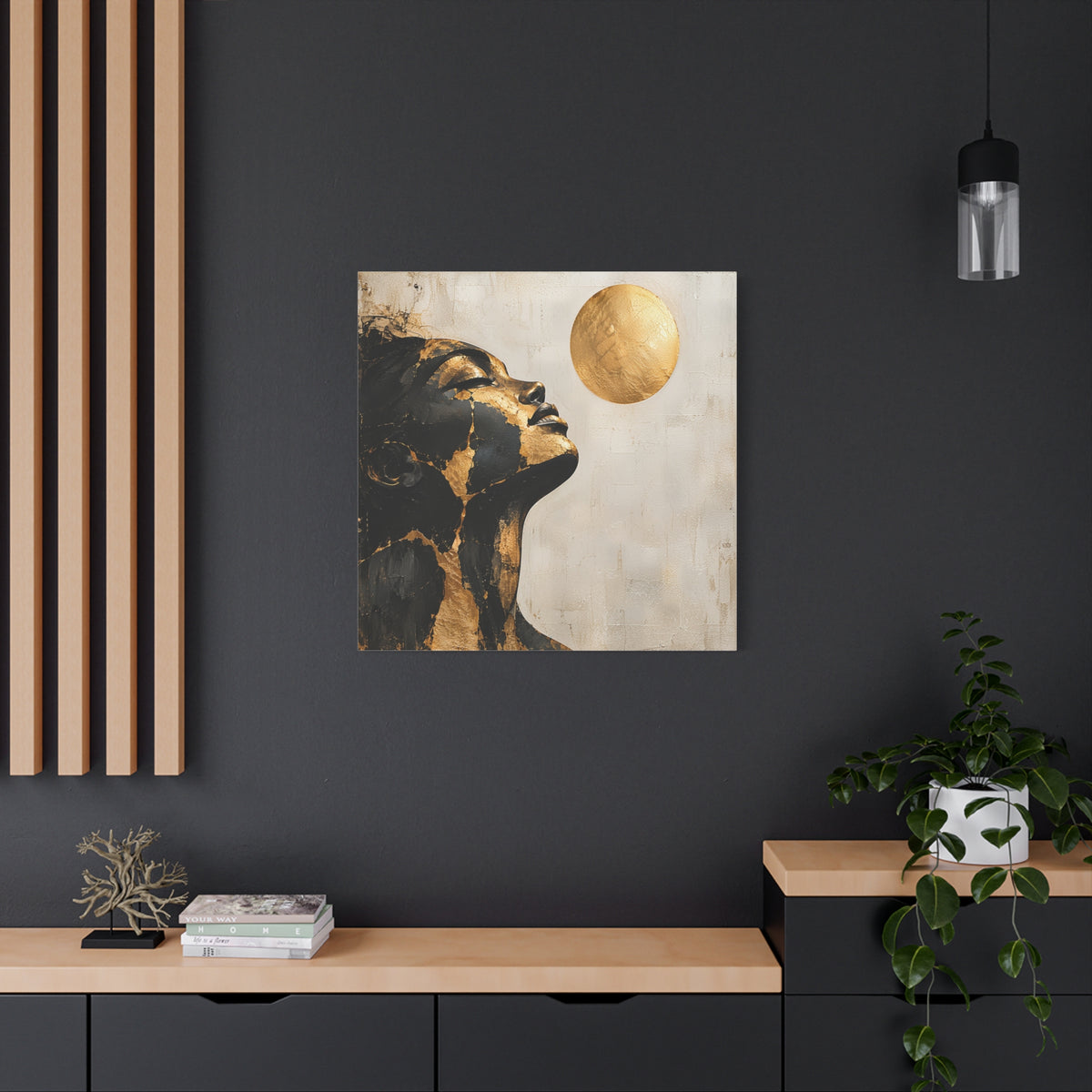 Golden Stillness — Modern Black & Gold Woman Portrait