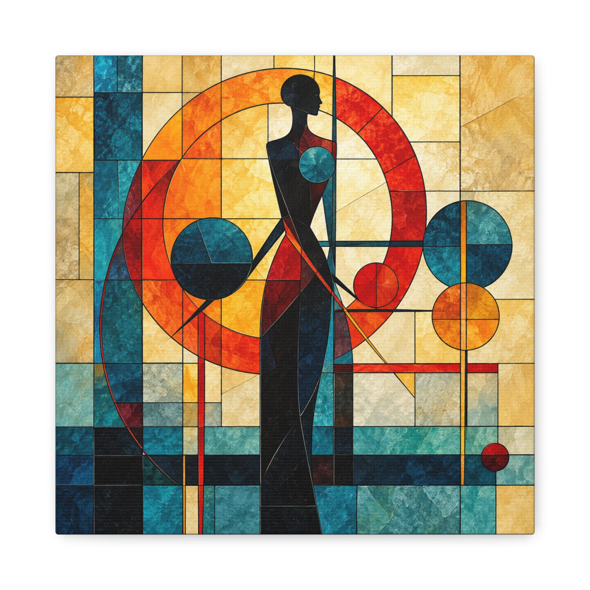 Elongated stained-glass woman silhouette amid concentric geometric circles and luminous panes of aqua, gold, orange, red, cream, and black.