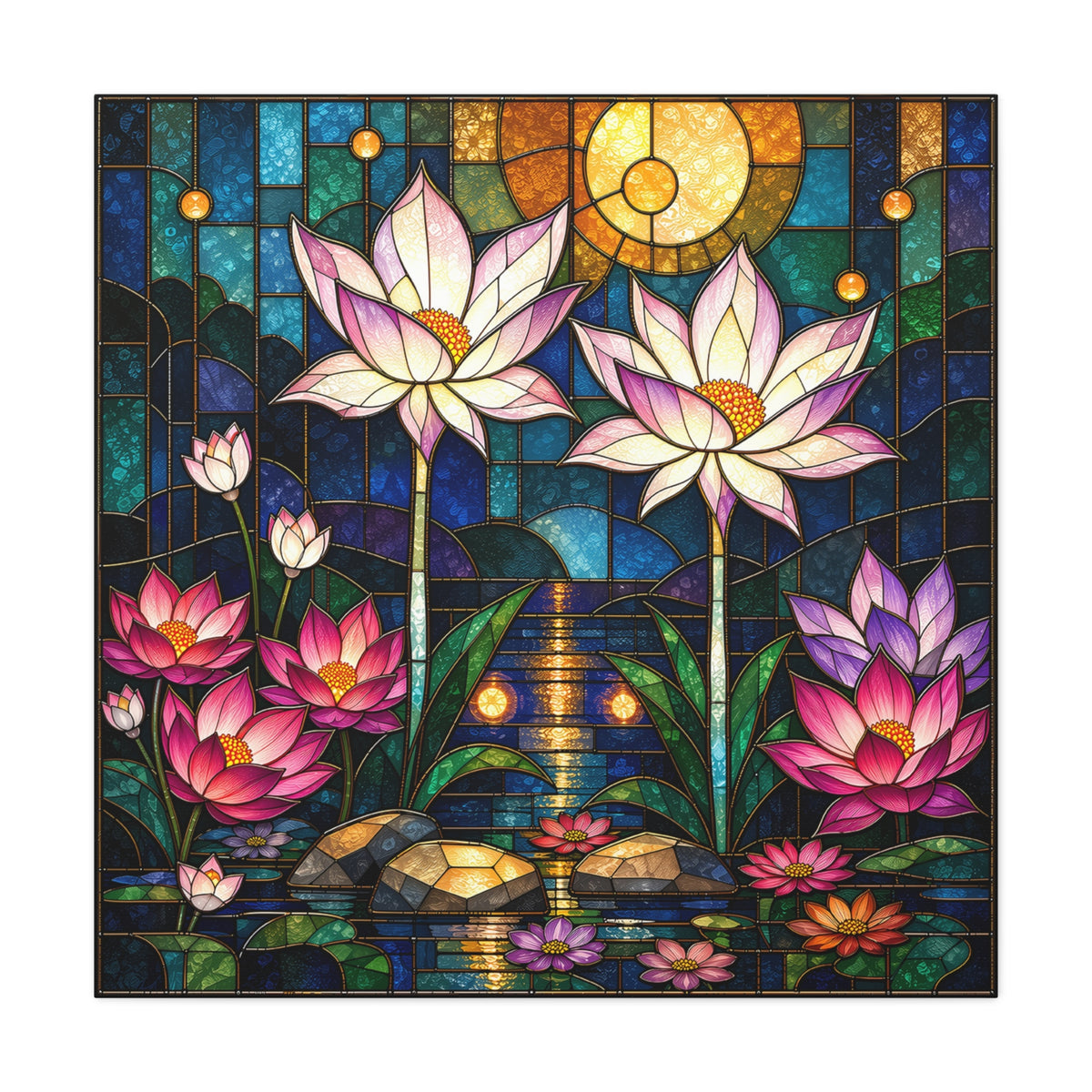 Moonlit Lotus Sanctuary — Stained Glass Floral Garden Wall Art