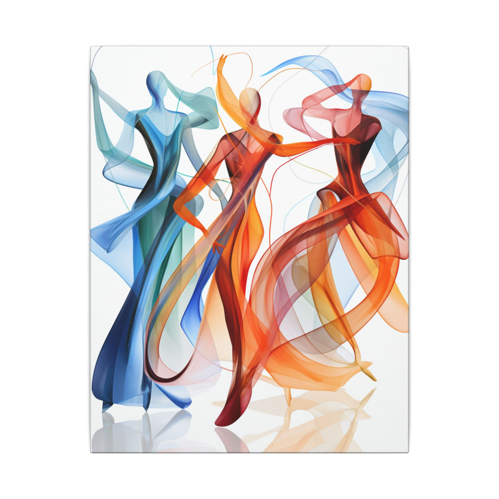 Three elongated, translucent dancing figures formed from sweeping ribbons of blue, teal, orange, red, and gold against a bright white background
