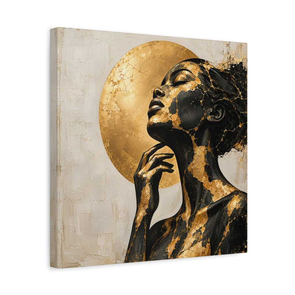 Crowned in Light — Modern Black & Gold Woman Portrait
