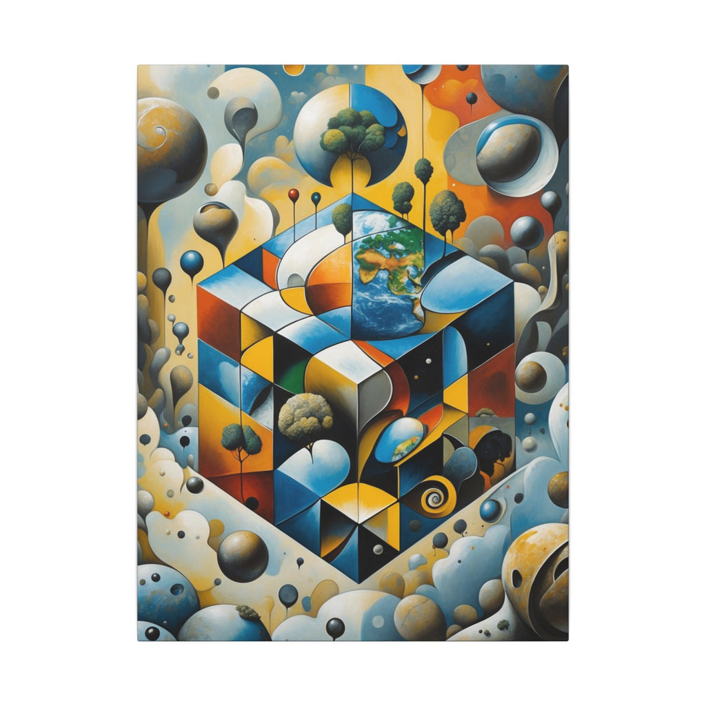 Surreal geometric scene with a central architectural globe holding trees, land and ocean amid floating planets