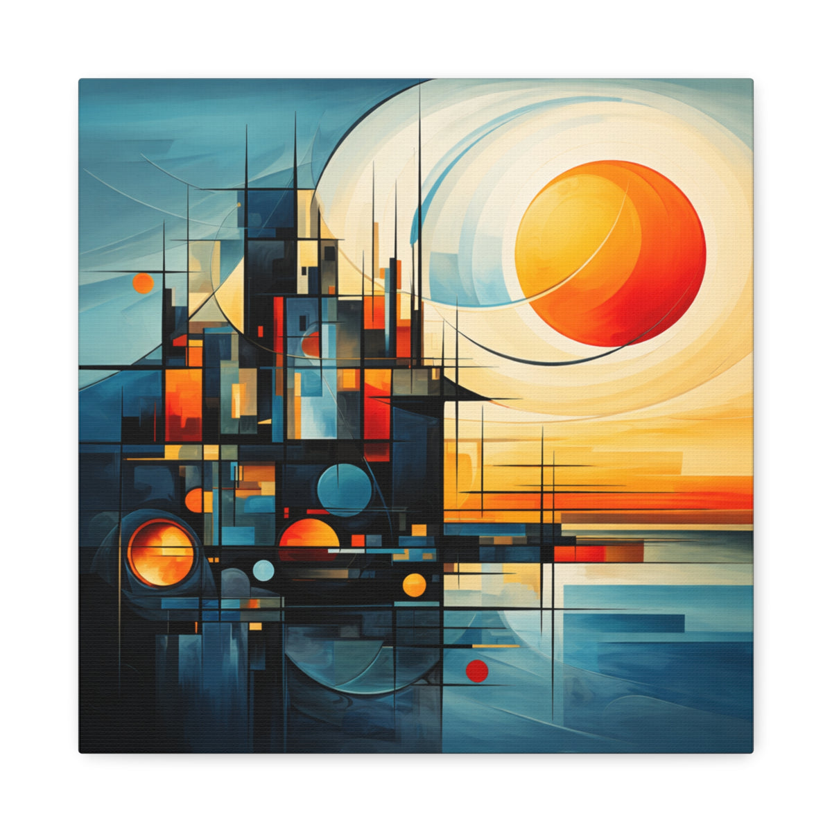 Sun Beyond Structure – Geometric Abstract Sunrise Canvas Print