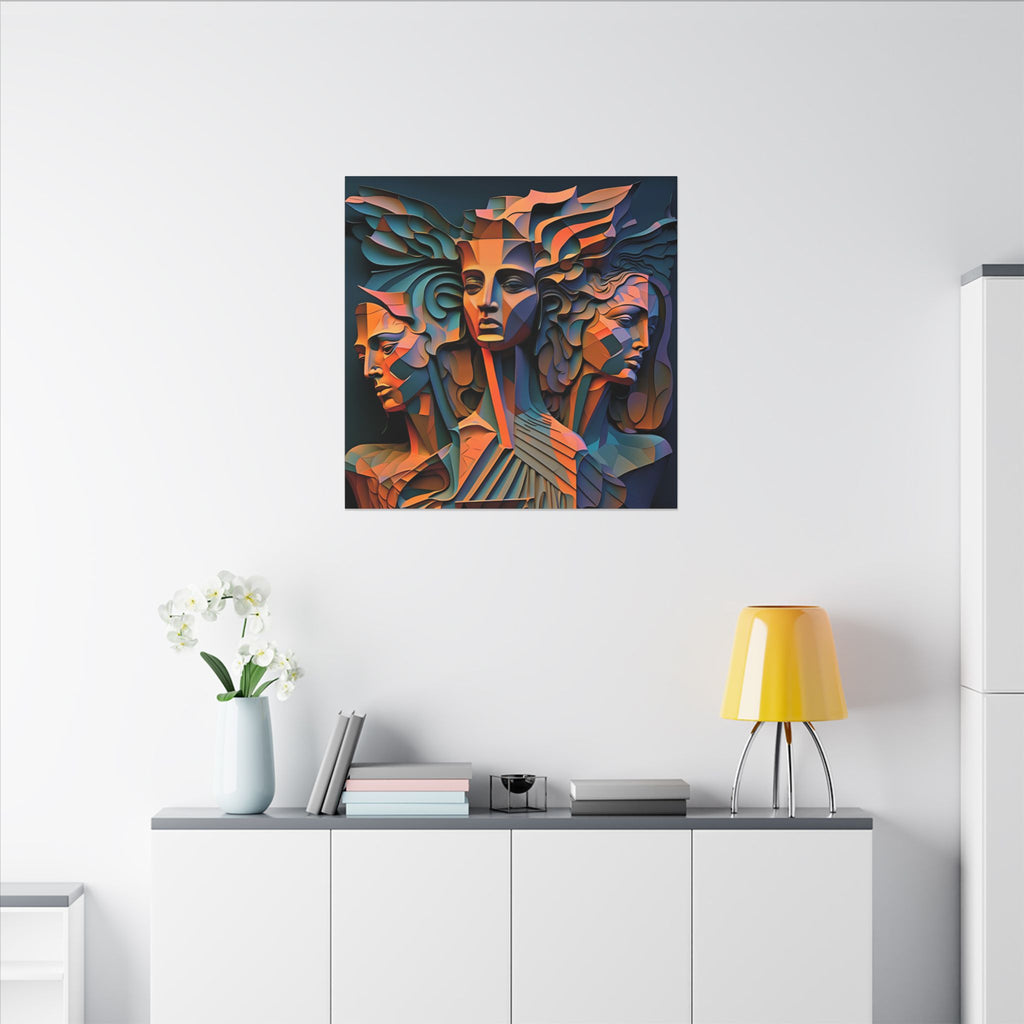 The Three Voices – Sculptural Geometric Triple Portrait Canvas Print