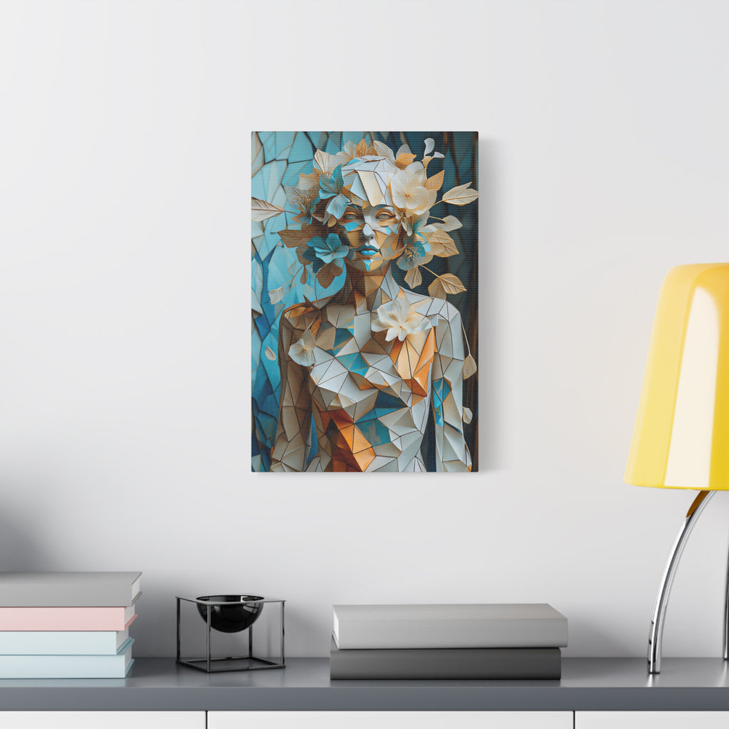 Blooming in Pieces — Geometric Floral Woman Portrait in Ivory, Turquoise & Gold