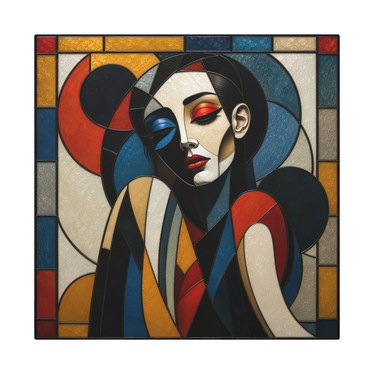 Stylized female portrait in stained-glass style with overlapping circles and angular shapes in teal, black, cream, red, blue, yellow, and gray; one side cool and shadowed, the