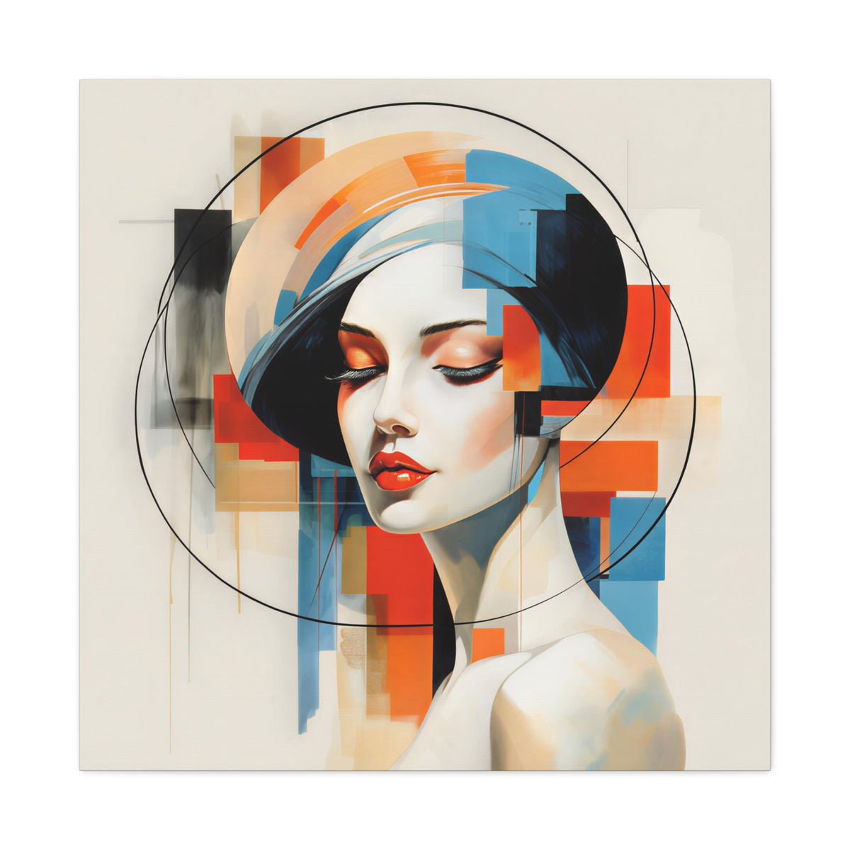 Perfectly Composed — Abstract Geometric Woman Portrait in Orange, Blue & Ivory