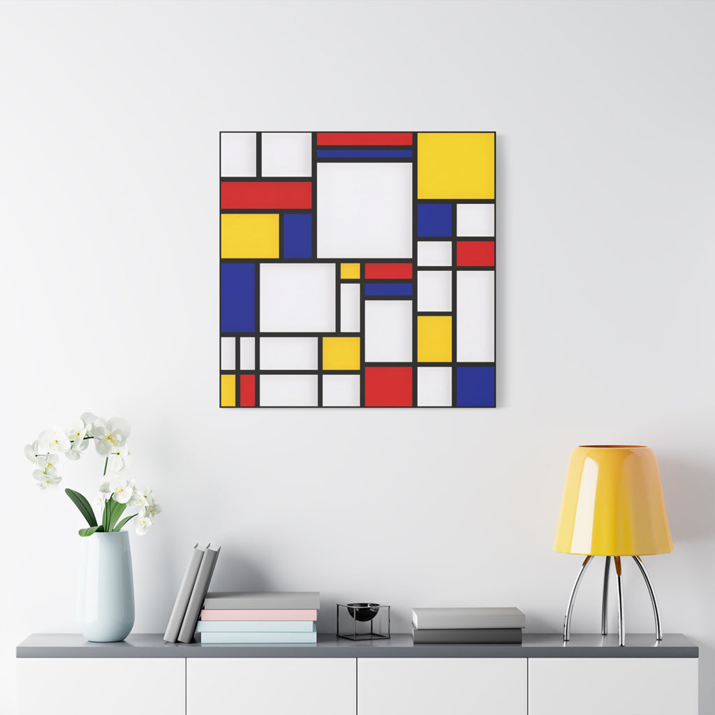 Abstract Geometric Canvas Art – Red, Blue & Yellow Stretched Print