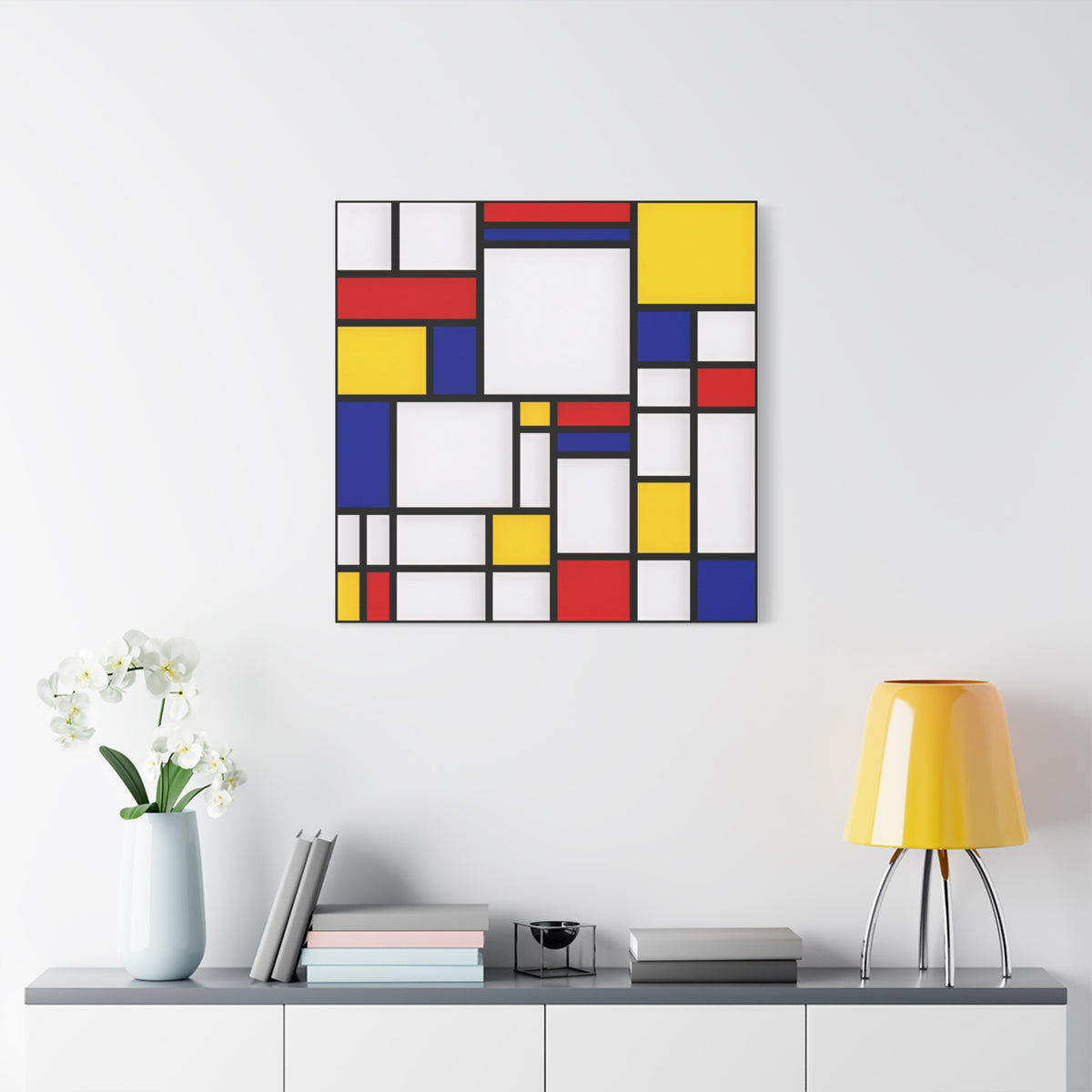 Abstract Geometric Canvas Art – Red, Blue & Yellow Stretched Print