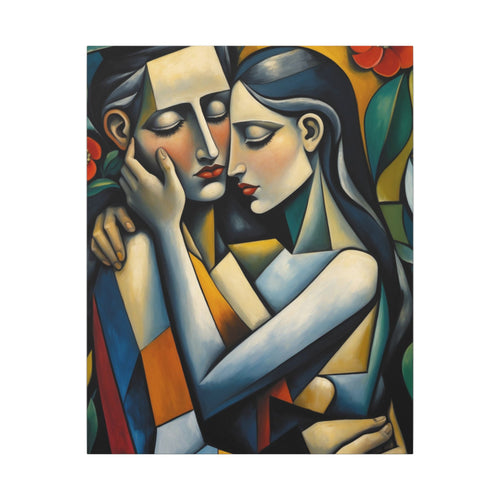 Two stylized figures in a gentle embrace rendered in geometric shapes with deep blue, cream, gold, teal, and warm red, accented by floral motifs