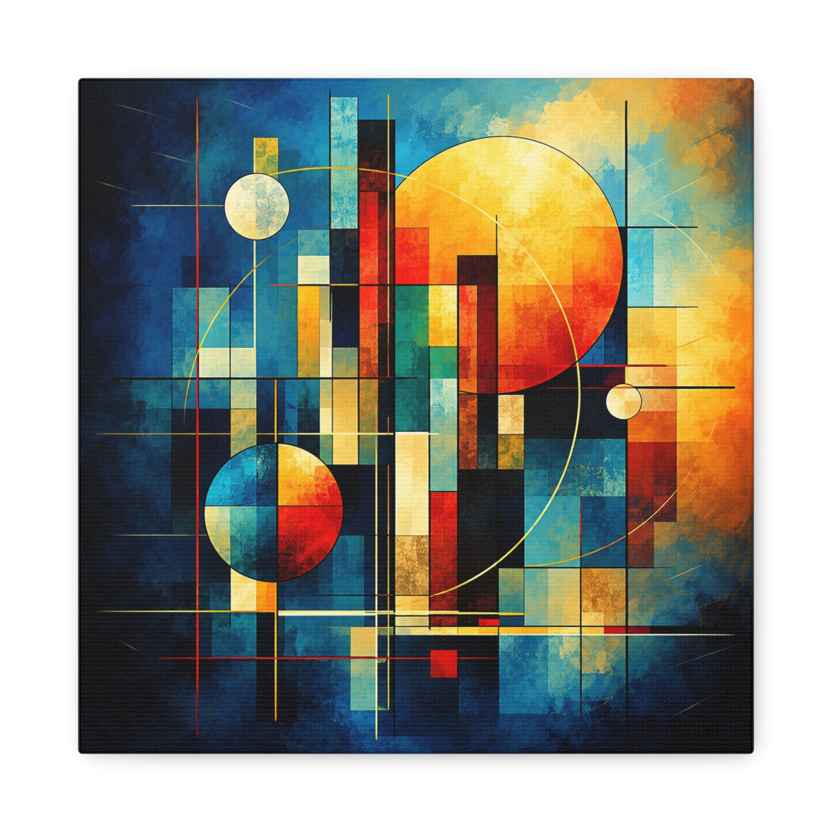 Geometric abstract composition with a glowing golden circle, vertical towers and black lines over blocks of cobalt blue, teal, red, orange, cream and gold, plus smaller orbiting