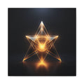 Luminous geometric abstraction: interlocking amber and gold triangles form a six-point star with concentric circles on a deep black background.