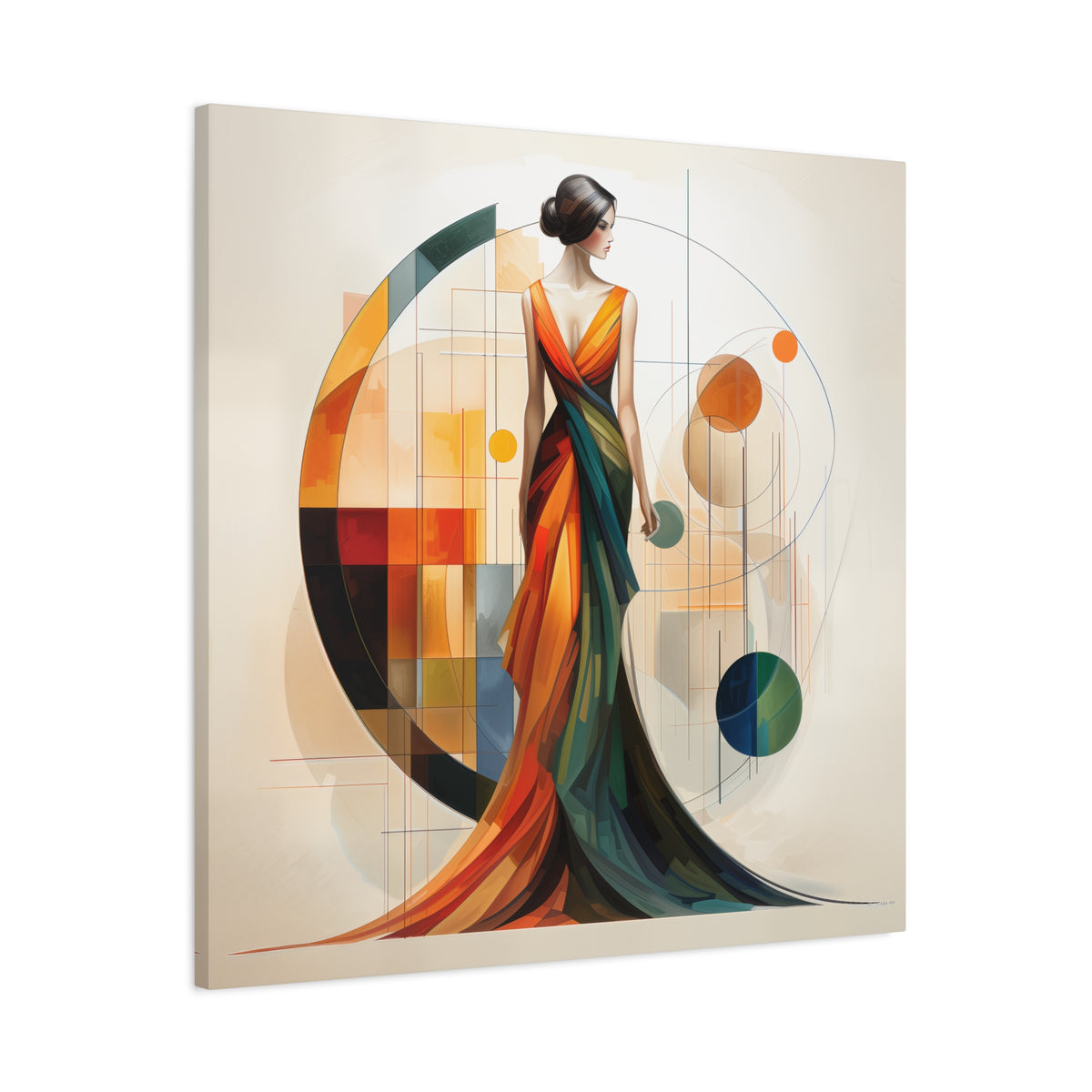 Chromatic Elegance — Abstract Geometric Fashion Portrait in a Flowing Couture Gown