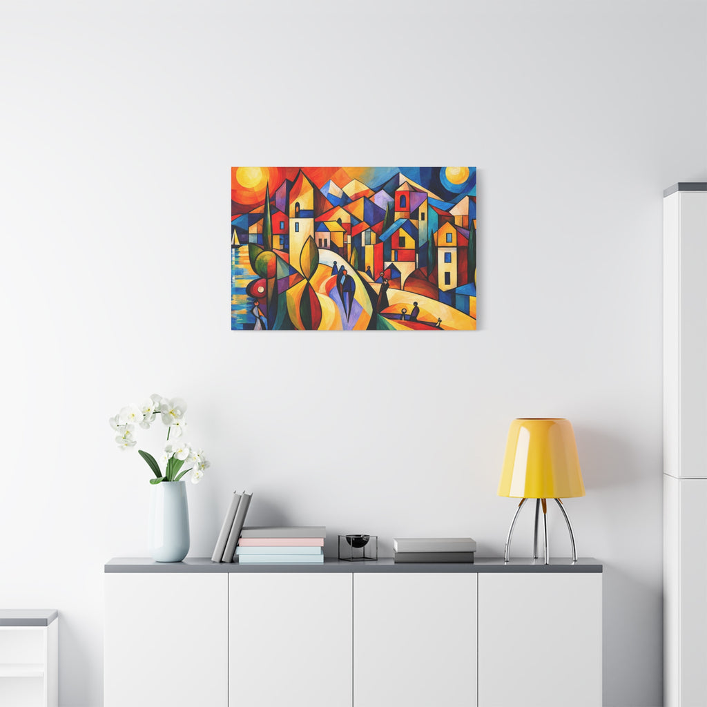 Village Between Sun & Moon — Colorful Cubist Coastal Landscape