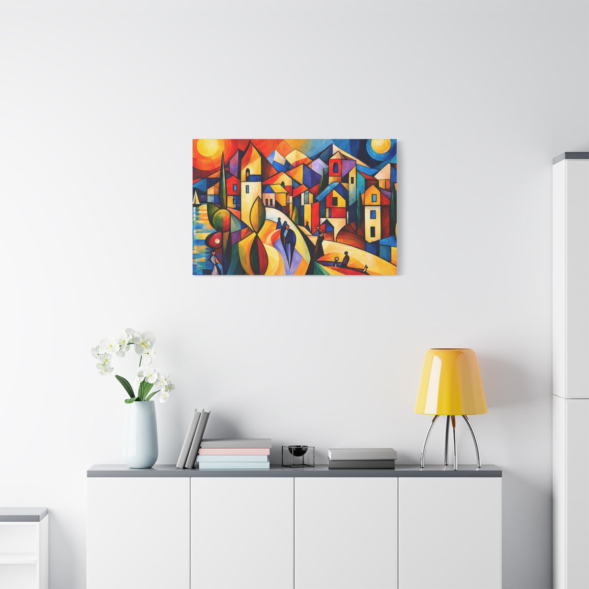 Village Between Sun & Moon — Colorful Cubist Coastal Landscape