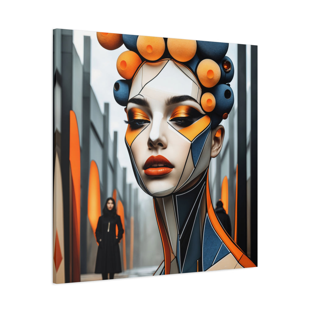 Future Icon — Futuristic Geometric Woman Portrait in Orange & Midnight Blue